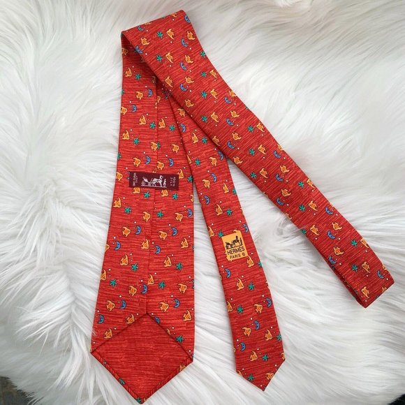 Hermes Paris - Brick red heather Moon Starfish & Fish print silk necktie - Picture 3 of 5